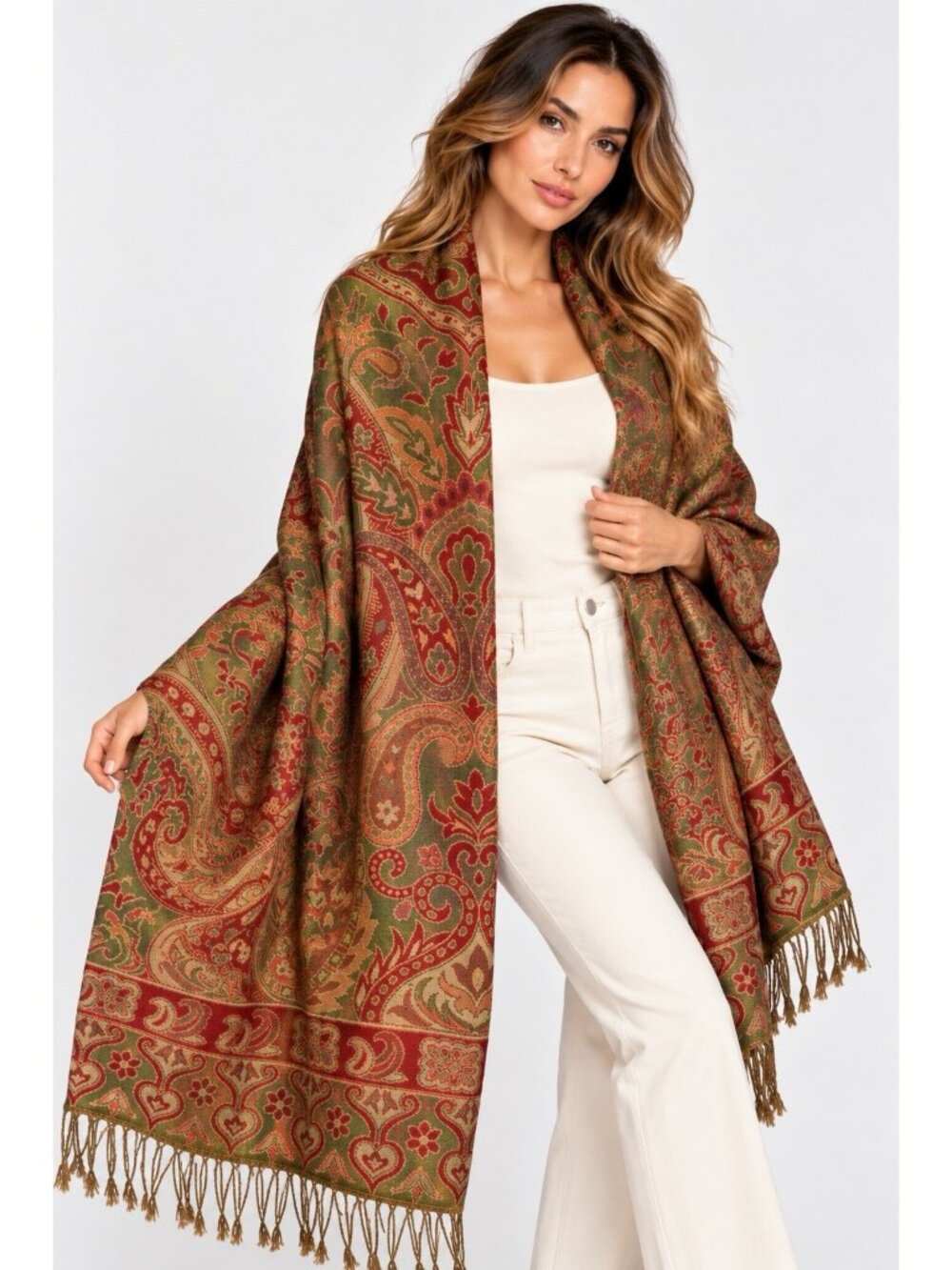 Pashmina Silk Paisley Shawl Wrap Scarf Green Red Gold Boho Fringe